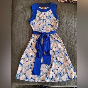 Tory Burch Women’s Blue Floral Fit-and-Flare Dress with Bow Size Medium